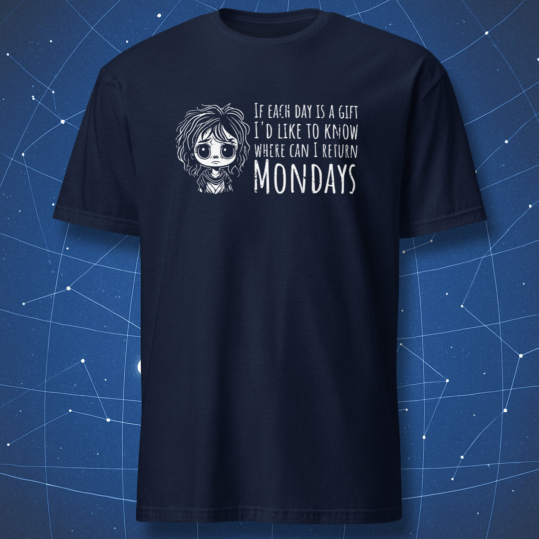sarcastic weekday shirt on navy blue background showing sleepy cartoon face and white lettering