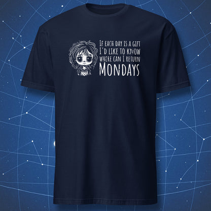 sarcastic weekday shirt on navy blue background showing sleepy cartoon face and white lettering