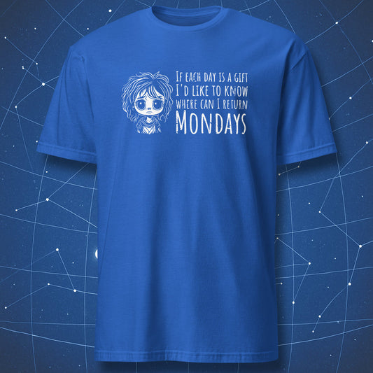 funny anti-monday T-shirt on royal blue background with cartoon girl illustration and witty quote