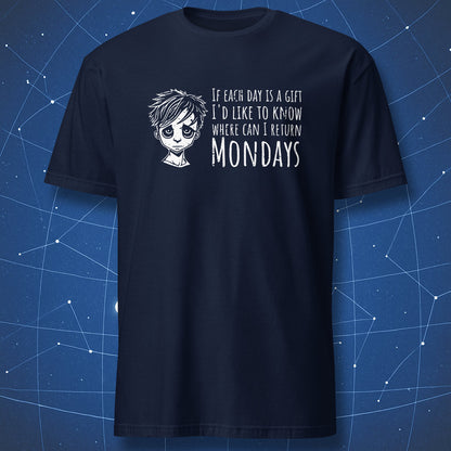 anti-Monday humor shirt on navy blue background with white illustration and sarcastic phrase