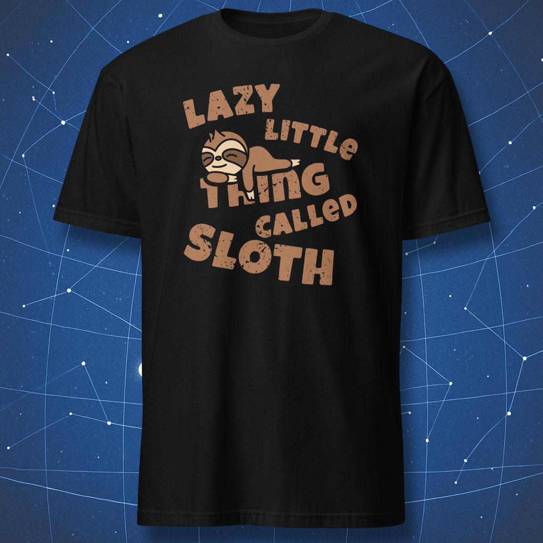 cute sloth humor shirt on black fabric featuring sleepy cartoon sloth and retro brown lettering