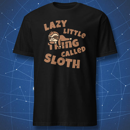 cute sloth humor shirt on black fabric featuring sleepy cartoon sloth and retro brown lettering