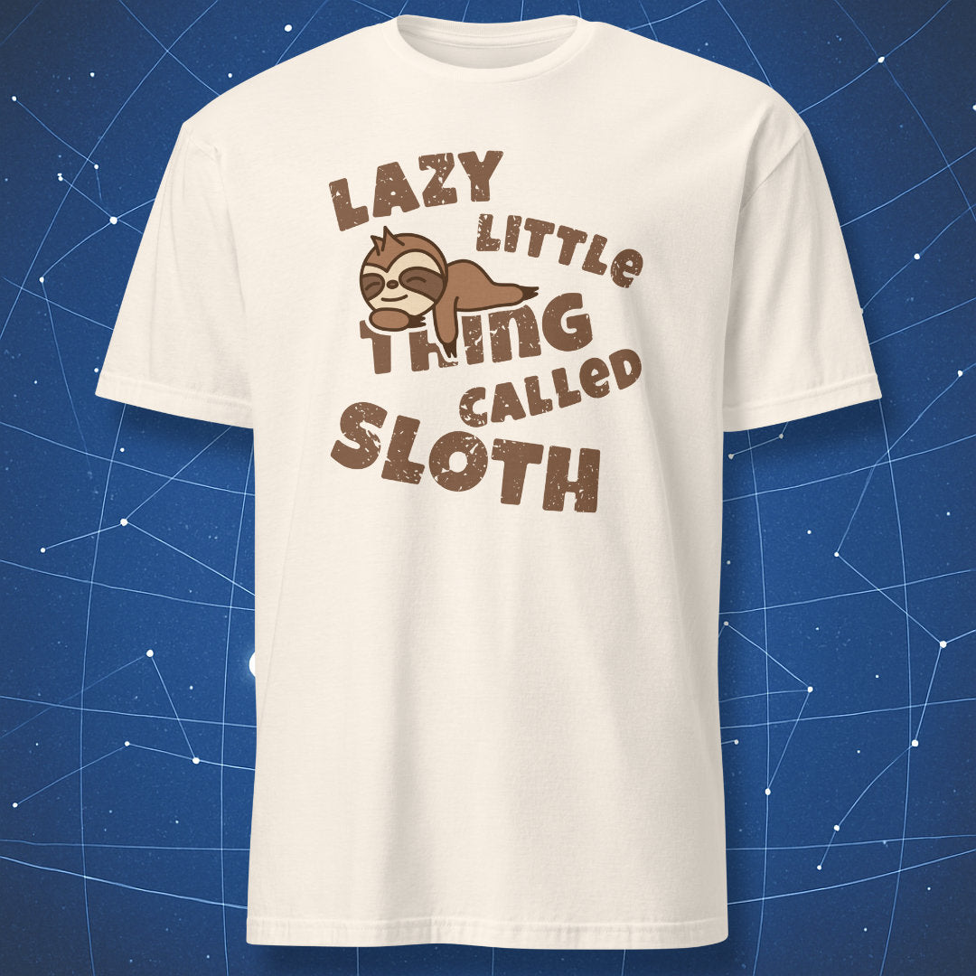 lazy sloth T-shirt on natural off-white background with brown text and relaxed sloth illustration