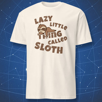 lazy sloth T-shirt on natural off-white background with brown text and relaxed sloth illustration