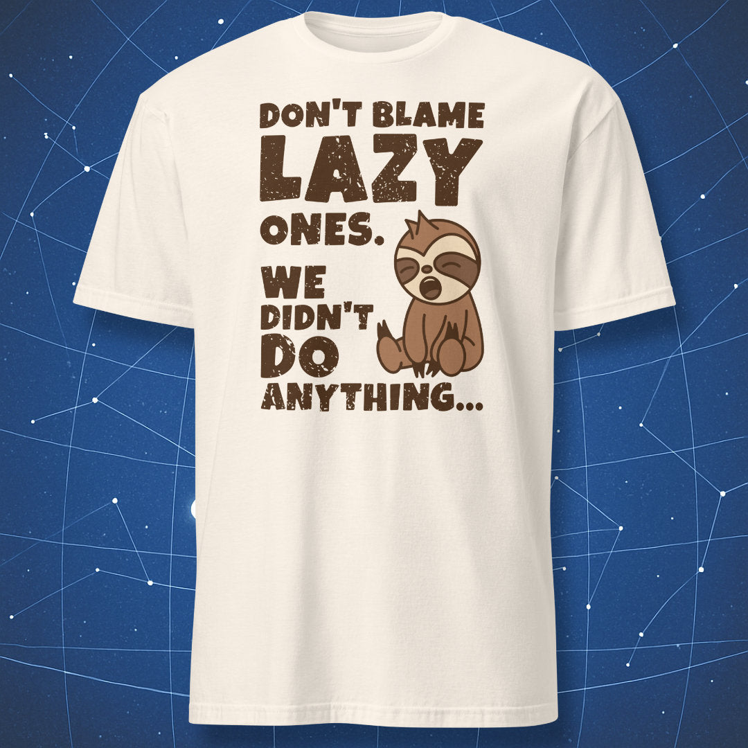 cute sloth T-shirt on natural off-white background featuring yawning sloth cartoon and funny lazy saying