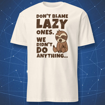 cute sloth T-shirt on natural off-white background featuring yawning sloth cartoon and funny lazy saying