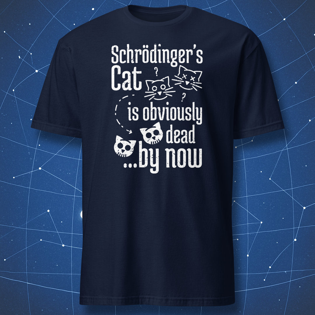 physics humor shirt on navy fabric featuring Schrödinger’s cat design with alive and dead cat graphics
