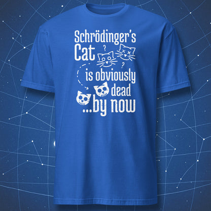 nerdy physics joke T-shirt on royal blue background with white cartoon cat illustration and text