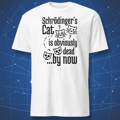 funny quantum mechanics shirt on white background with black linework showing Schrödinger’s cat humor design