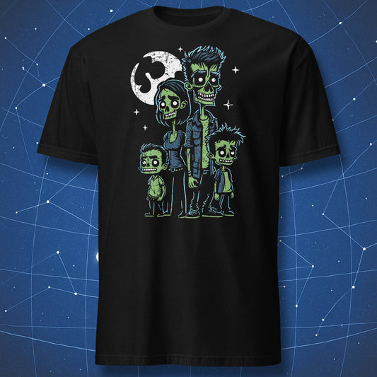 Halloween zombie family T-shirt on black background featuring cartoon undead parents and kids under full moon
