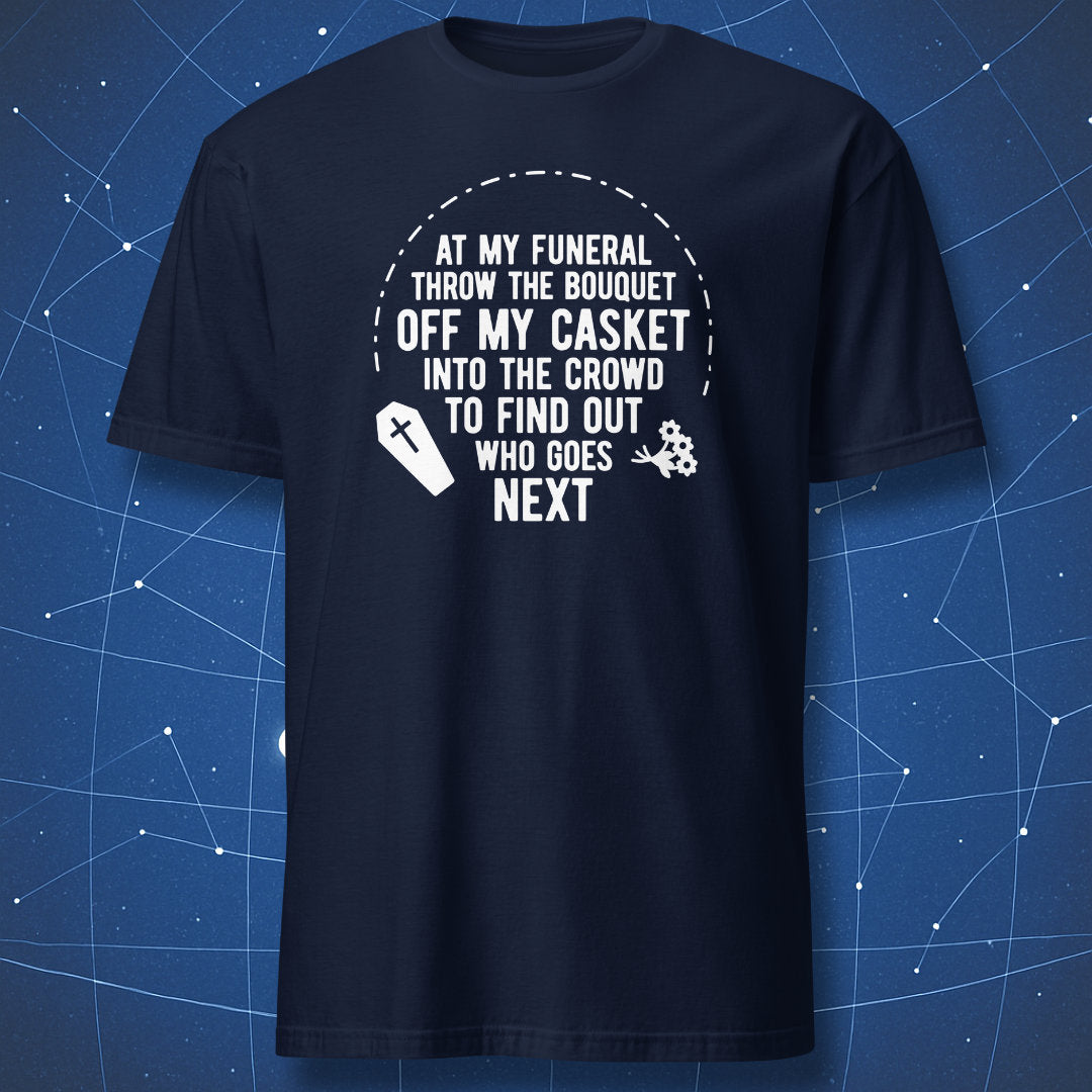 funny morbid shirt on navy fabric with white text and icons of coffin and bouquet
