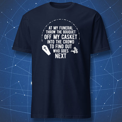 funny morbid shirt on navy fabric with white text and icons of coffin and bouquet