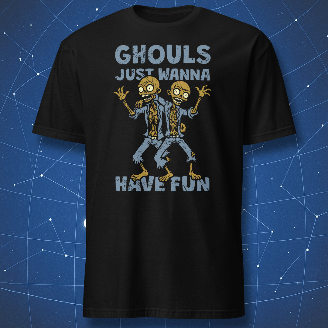 funny Halloween T-shirt on black fabric with cartoon zombies dancing and distressed text “Ghouls Just Wanna Have Fun”