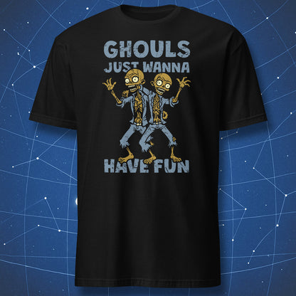 funny Halloween T-shirt on black fabric with cartoon zombies dancing and distressed text “Ghouls Just Wanna Have Fun”