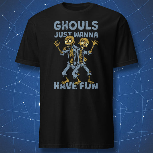 funny Halloween T-shirt on black fabric with cartoon zombies dancing and distressed text “Ghouls Just Wanna Have Fun”