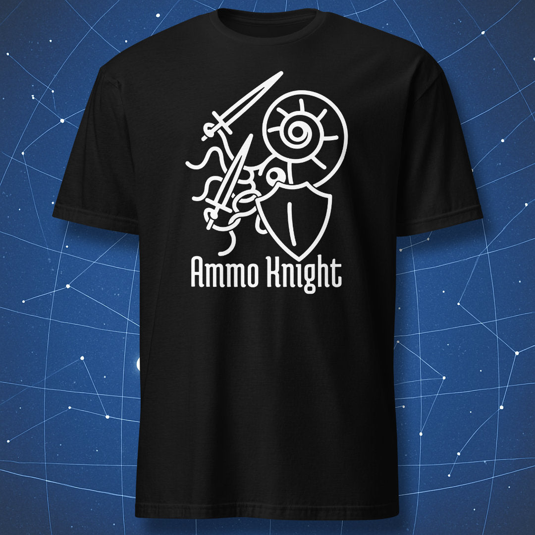 nerdy fossil pun shirt on black background with white print showing ammonite knight illustration and “Ammo Knight” text