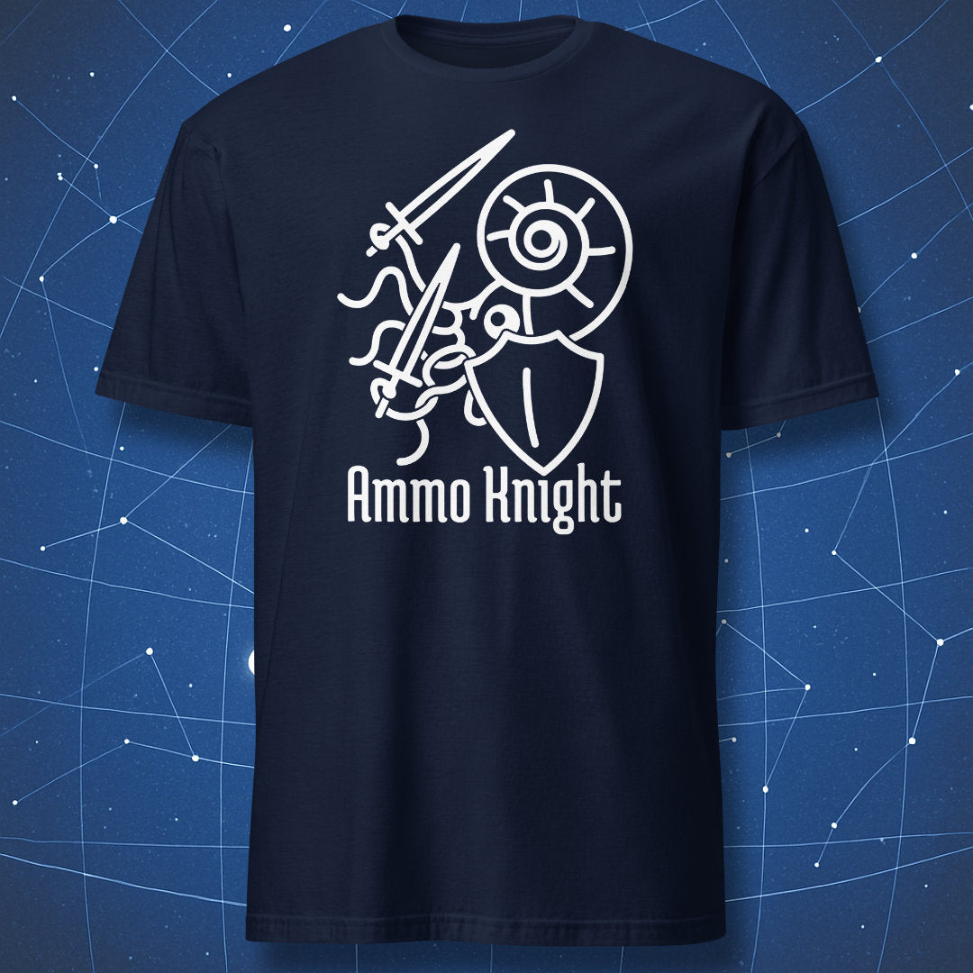 geology humor T-shirt on navy blue with white ammonite warrior holding a sword and shield and words “Ammo Knight”