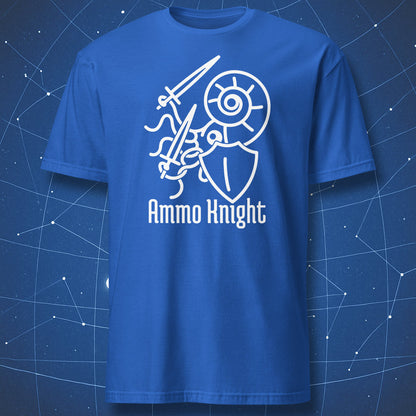 funny science pun T-shirt on royal blue background featuring white line drawing of ammonite knight and text “Ammo Knight”