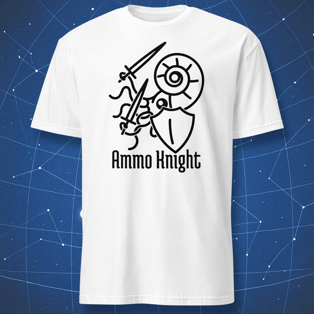 funny fossil pun T-shirt on white fabric with black line art of an ammonite holding a sword and shield and text “Ammo Knight”