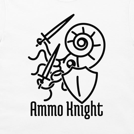 A white t-shirt featuring a black graphic print of a shield, sword, and arrow, with the text 'Ammo Knight' printed below.
