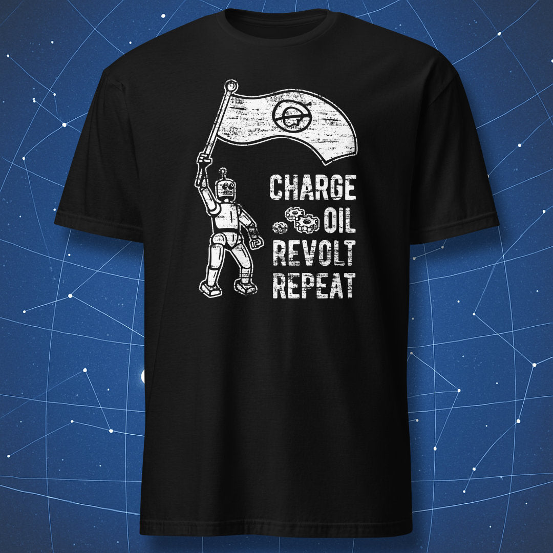 sci-fi dystopian T-shirt on black background with white print of robot uprising and anti-human flag