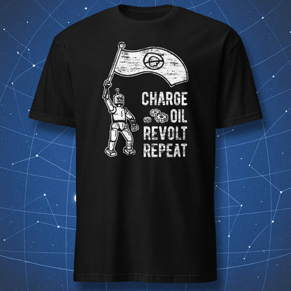 sci-fi dystopian T-shirt on black background with white print of robot uprising and anti-human flag