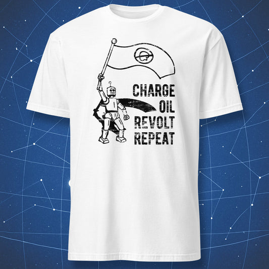 funny AI rebellion T-shirt on white fabric featuring distressed robot waving flag with crossed human head symbol and text “Charge Oil Revolt Repeat”