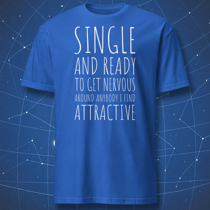 funny romantic introvert T-shirt on royal blue fabric featuring minimalist white typography