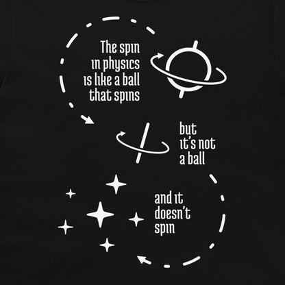 A close-up of a black garment, likely a t-shirt, featuring a white graphic print with text and orbital illustrations explaining a physics concept.