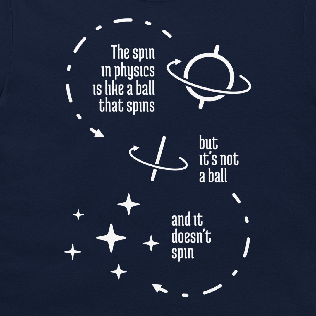 A close-up of a navy blue garment, likely a t-shirt, featuring a white graphic print with text and orbital illustrations about spin in physics.