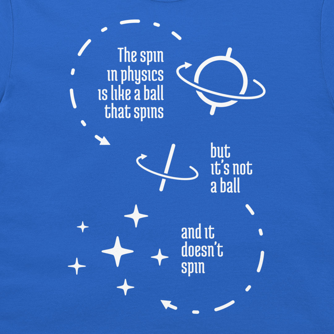 A close-up of a blue T-shirt with a white graphic print featuring text and simple orbital illustrations about spin in physics.