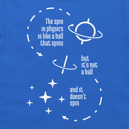 A close-up of a blue T-shirt with a white graphic print featuring text and simple orbital illustrations about spin in physics.
