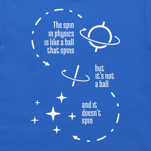 A close-up of a blue T-shirt with a white graphic print featuring text and simple orbital illustrations about spin in physics.