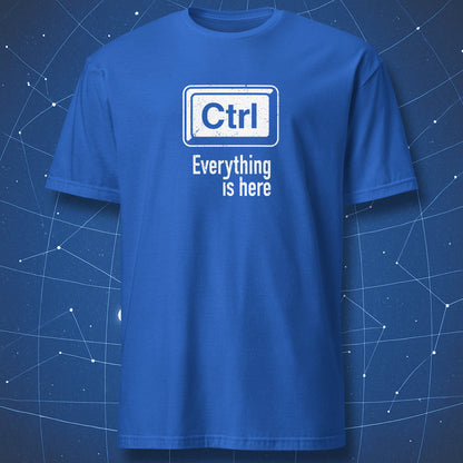 geek T-shirt on royal blue fabric with white “Ctrl” key graphic and text below saying “Everything is here”