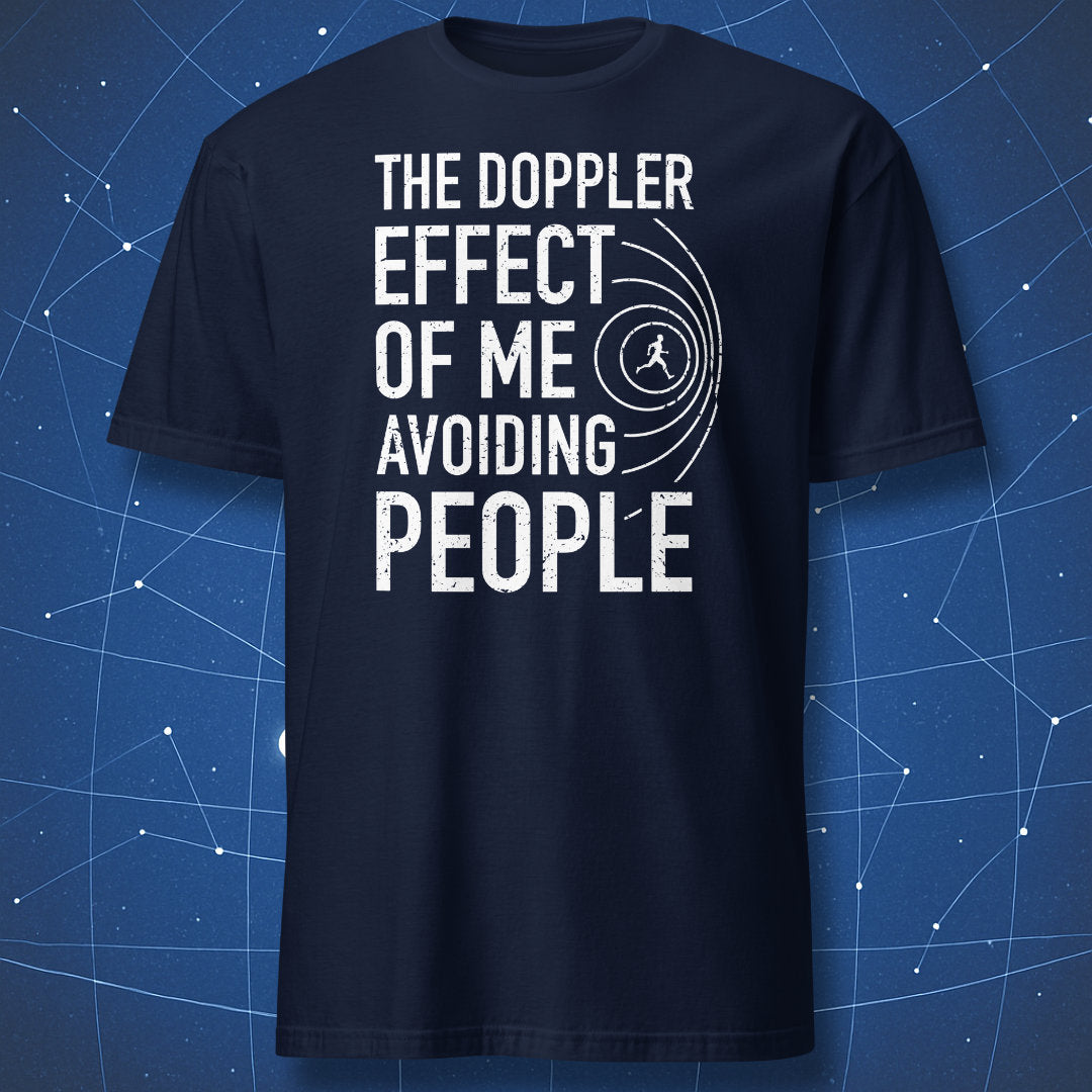 Funny science tee — Doppler wave pattern with walking figure illustration.