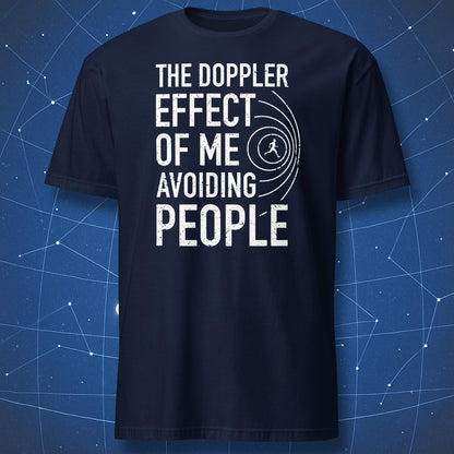Funny science tee — Doppler wave pattern with walking figure illustration.