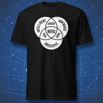 geek humor T-shirt on black fabric featuring white Venn diagram of geek, dweeb, dork, and nerd intersection