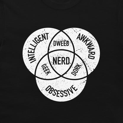 A black t-shirt featuring a white distressed Venn diagram graphic with the words 'INTELLIGENT', 'AWKWARD', 'GEEK', 'DORK', 'OBSESSIVE', and 'NERD' in black text.