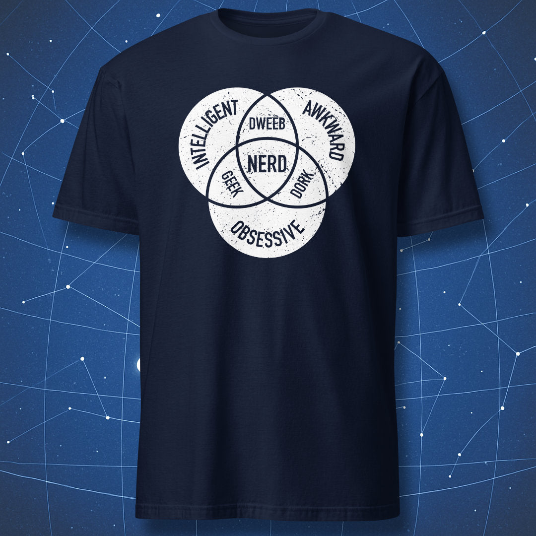 geek humor T-shirt on black fabric featuring white Venn diagram of geek, dweeb, dork, and nerd intersection