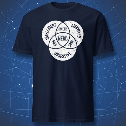 geek humor T-shirt on black fabric featuring white Venn diagram of geek, dweeb, dork, and nerd intersection
