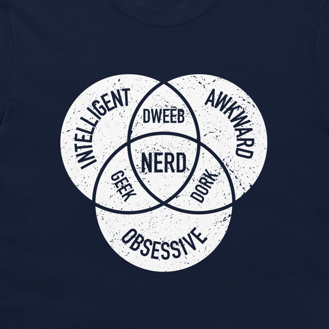 A close-up of a navy blue garment, likely a t-shirt, featuring a white distressed graphic of three intersecting circles with geeky labels.