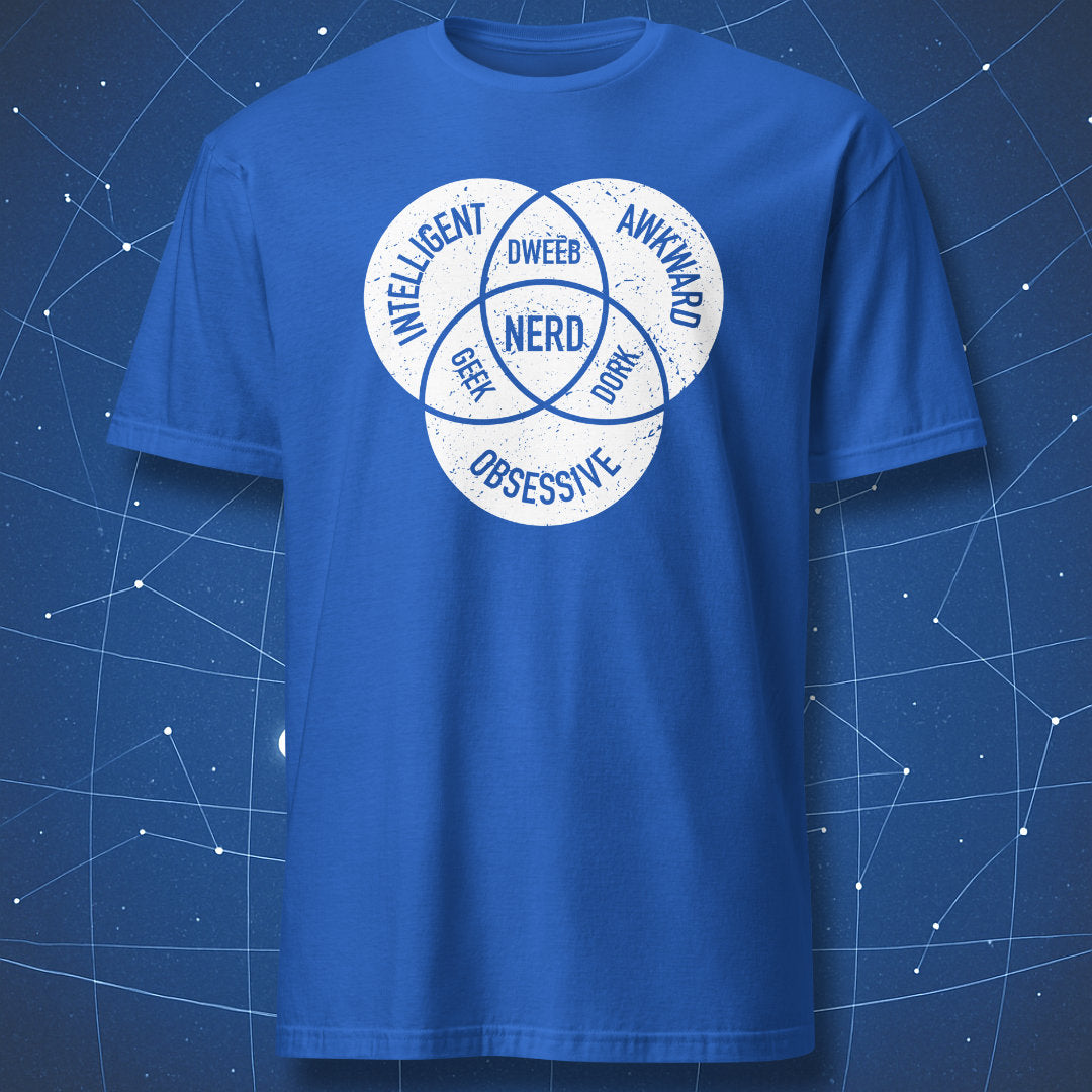 funny science T-shirt on royal blue fabric with white Venn diagram labeled intelligent, obsessive, awkward, and nerd in the center