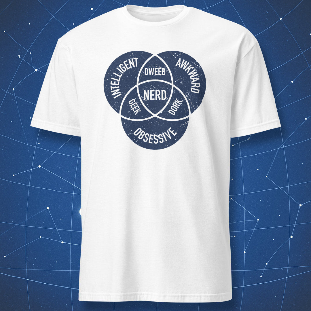 funny nerd T-shirt on white fabric showing blue Venn diagram with circles labeled intelligent, awkward, obsessive, geek, dweeb, dork, and nerd