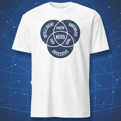 funny nerd T-shirt on white fabric showing blue Venn diagram with circles labeled intelligent, awkward, obsessive, geek, dweeb, dork, and nerd