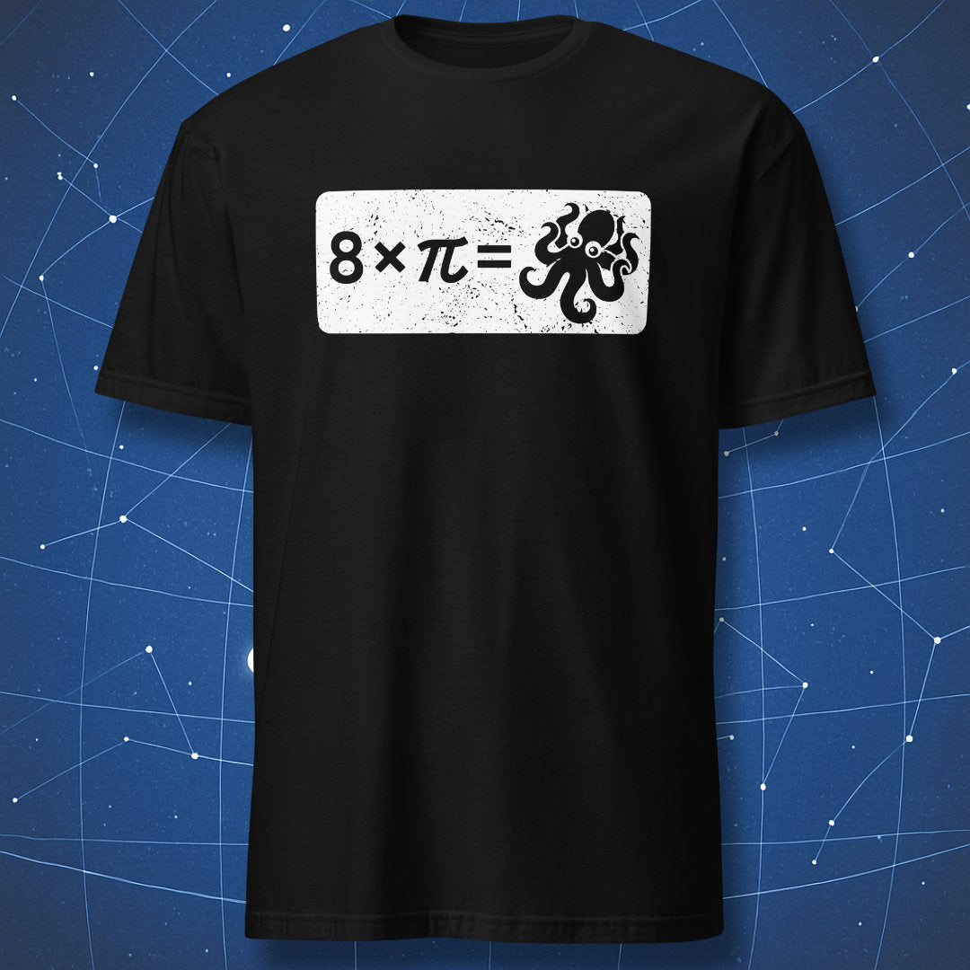 funny math pun T-shirt on black fabric showing equation “8 × π =” with a white cartoon octopus symbol