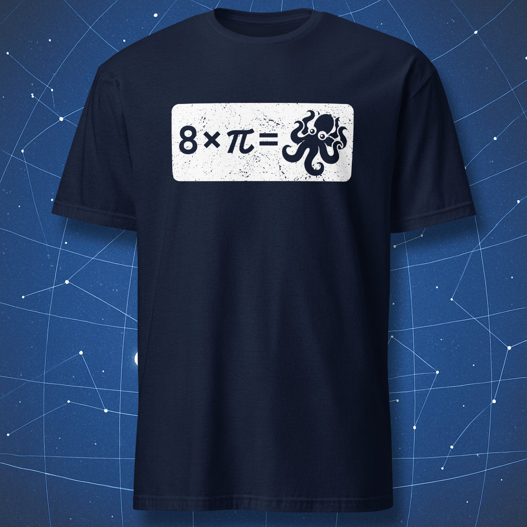 clever science T-shirt on navy fabric featuring the equation “8 × π =” and an octopus graphic in white print