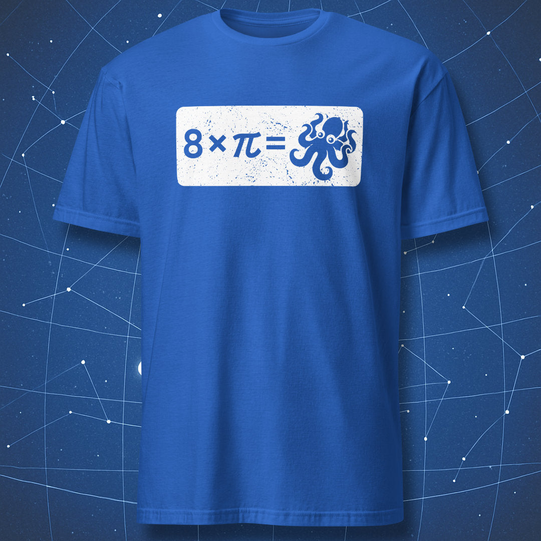 funny nerd T-shirt on royal blue fabric with math equation “8 × π =” followed by an octopus illustration