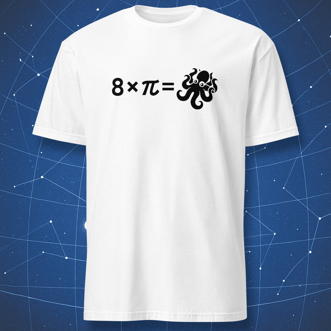 funny math pun T-shirt on white fabric featuring black text “8 × π =” and a cartoon octopus at the end