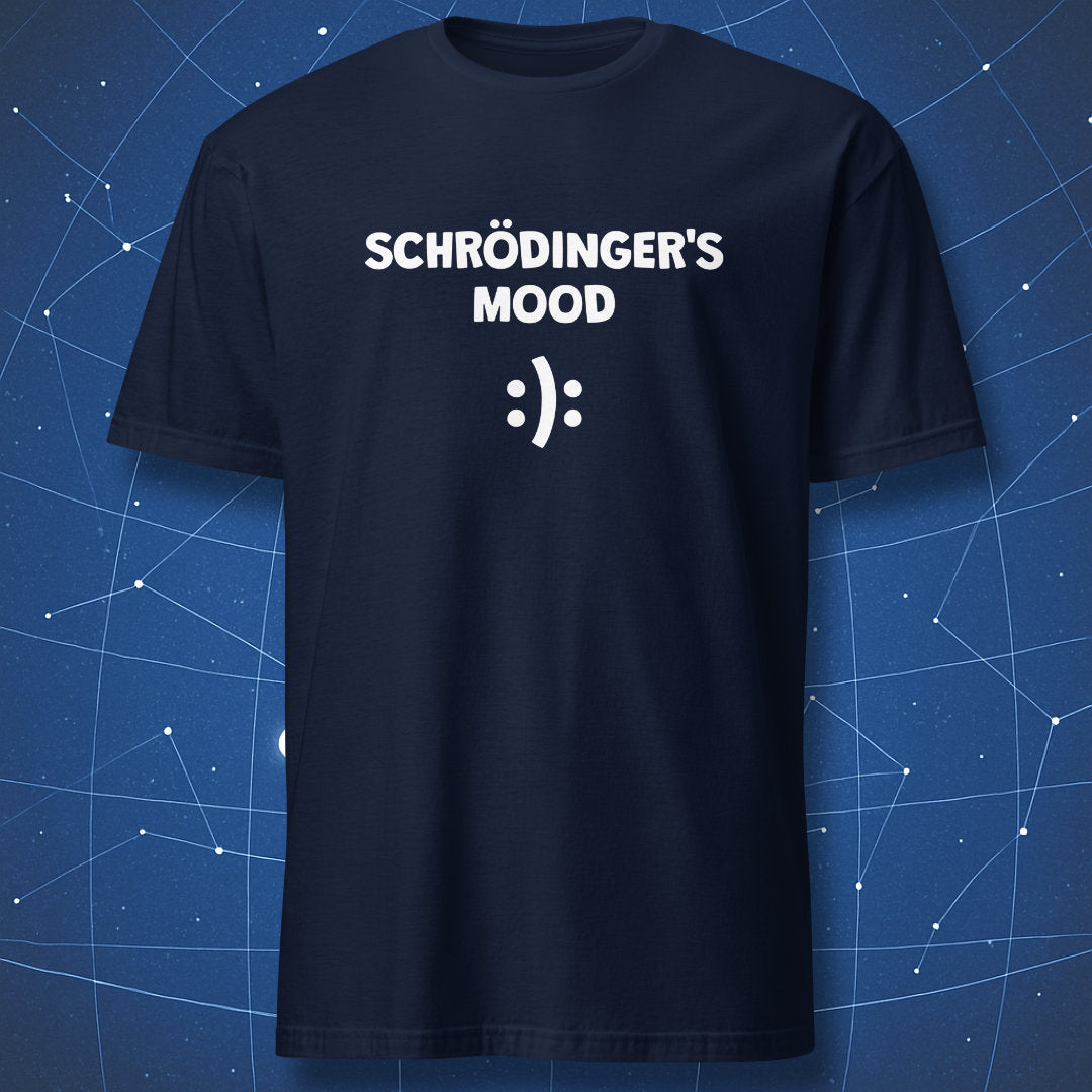 Navy Schrödinger’s Mood physics humor t-shirt with minimalist smiley emoticon graphic