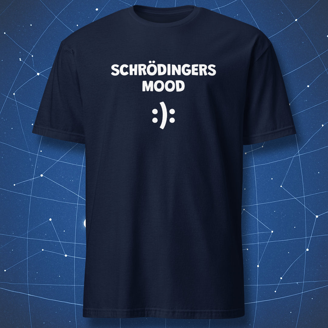 nerdy science T-shirt on navy fabric featuring the phrase “Schrödinger’s Mood” and split happy-sad face symbol
